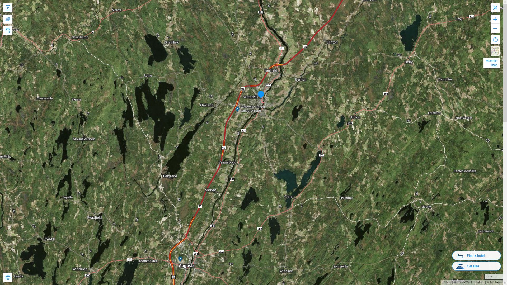 Waterville Maine Highway and Road Map with Satellite View